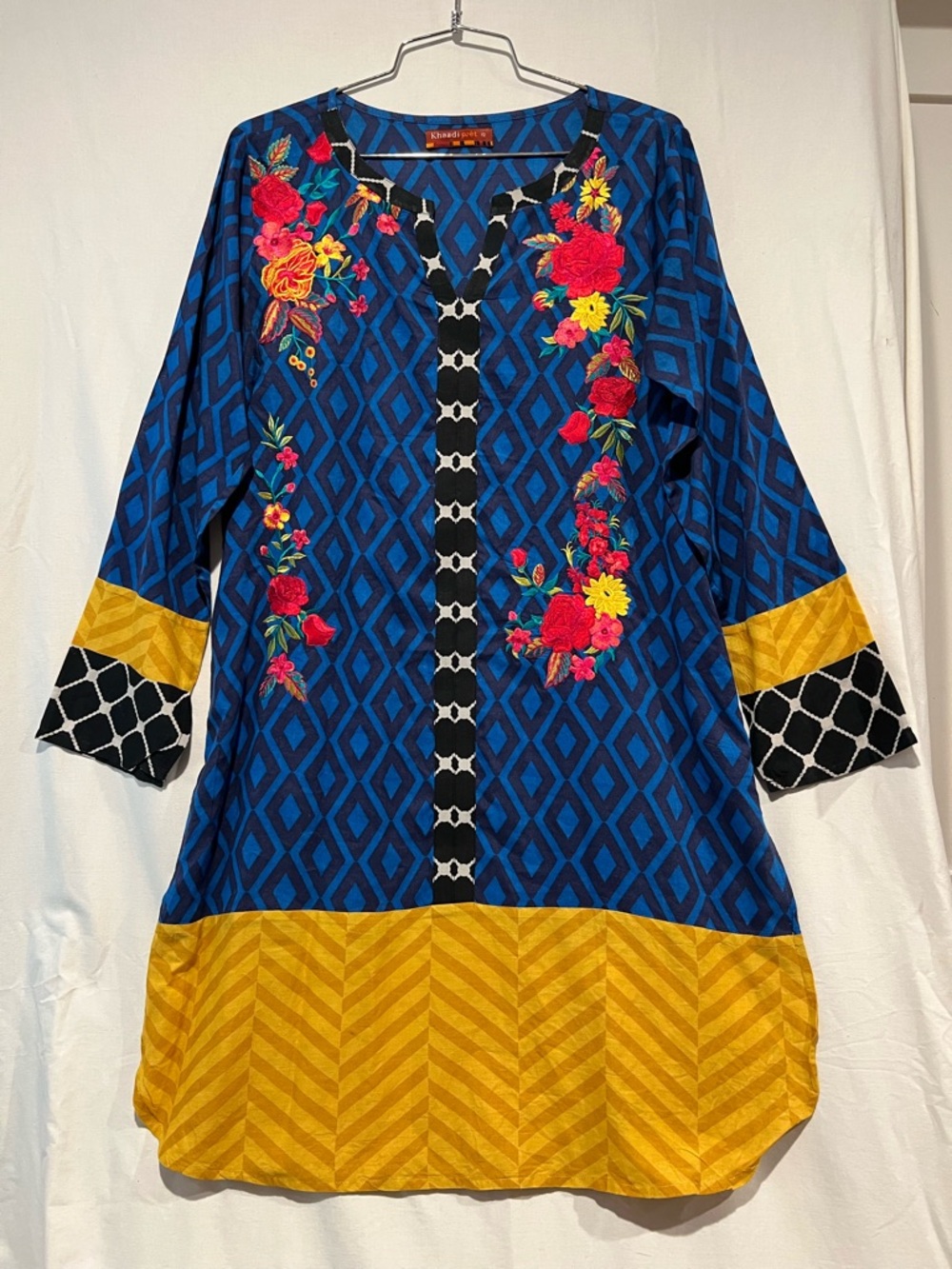 Khaadi Pret Blue Yellow Embroidered Tunic Size 12 Floral Boho Kurti Top